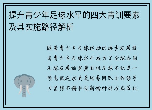 提升青少年足球水平的四大青训要素及其实施路径解析