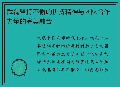 武磊坚持不懈的拼搏精神与团队合作力量的完美融合