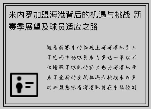 米内罗加盟海港背后的机遇与挑战 新赛季展望及球员适应之路