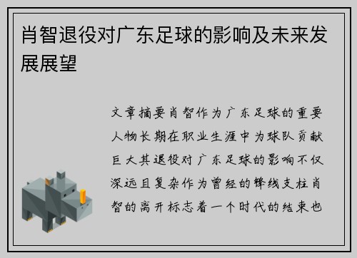 肖智退役对广东足球的影响及未来发展展望