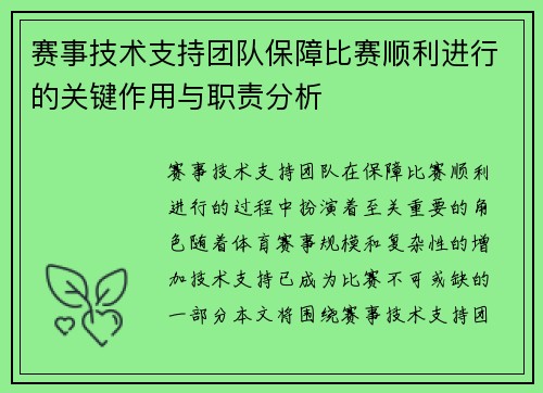赛事技术支持团队保障比赛顺利进行的关键作用与职责分析